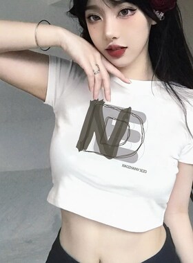 美式甜辣风正肩短袖T恤女夏季A设计感印花修身显瘦短款露脐上衣潮