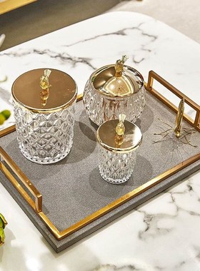 美式简约a欧式珍珠皮革铜框收纳托盘 客厅茶几样板房杯具收纳装饰