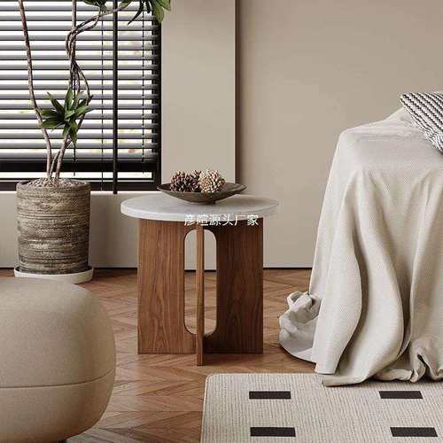 小户型复古原木家用客厅沙发洞石边几卧室床头移动圆桌阳台小茶几 - 图0