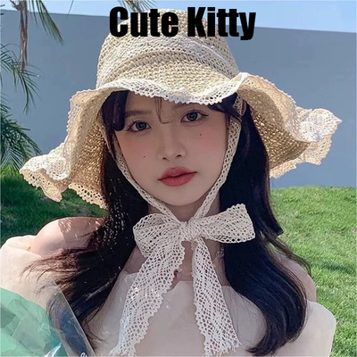 CuteKitty系带镂空草编帽女夏出游防晒沙滩太阳帽蕾丝边遮阳帽