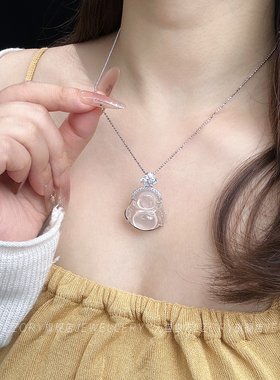 新中式纯银白玉髓佛公吊坠项链