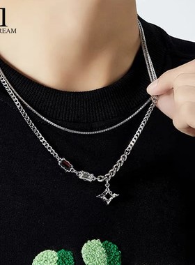 王嘉尔同款黑色四芒星项链男双层叠戴嘻哈潮流毛衣链高级感锁骨链