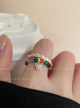 双层串珠星星吊坠戒指女款高颜值小众设计食指戒可爱组合叠戴指环
