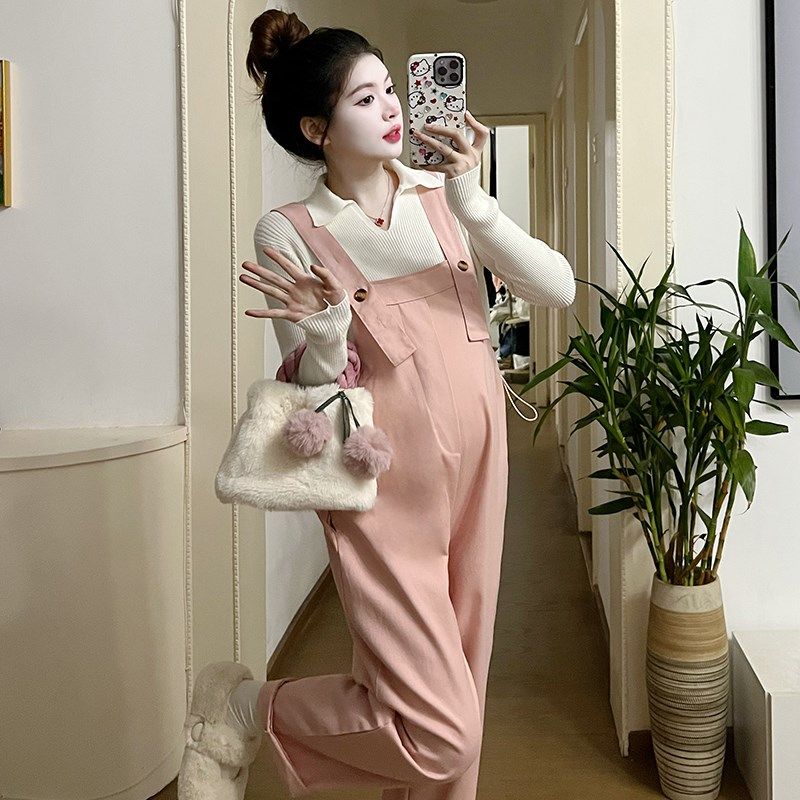 孕妇装春秋季套装2025新款韩版翻领打底长袖上衣减龄背带裤两件套,淘宝优惠券,粉丝福利购,淘宝优惠卷