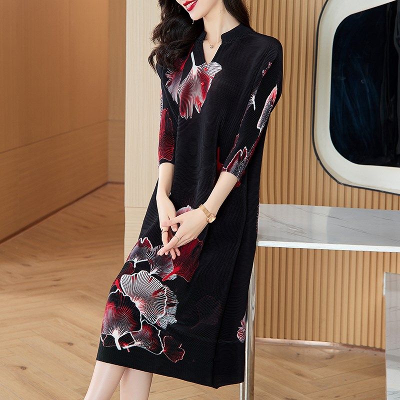 百褶高级感连衣裙女春季印花立领妈妈装A字裙盘扣改良褶皱旗袍裙,淘宝优惠券,粉丝福利购,淘宝优惠卷