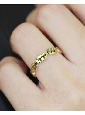 新品 简约复古做旧叶子指环个性开口可调节尺码女款食指戒百搭款