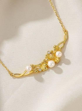 时尚国潮三生有杏银杏项链银饰品小众气质百搭天然淡水珍珠锁骨链