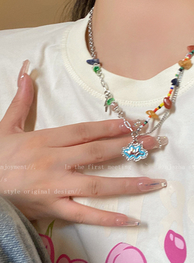 童趣彩色串珠花朵笑脸项s链女生夏季网红甜美气质天然石锁骨链配