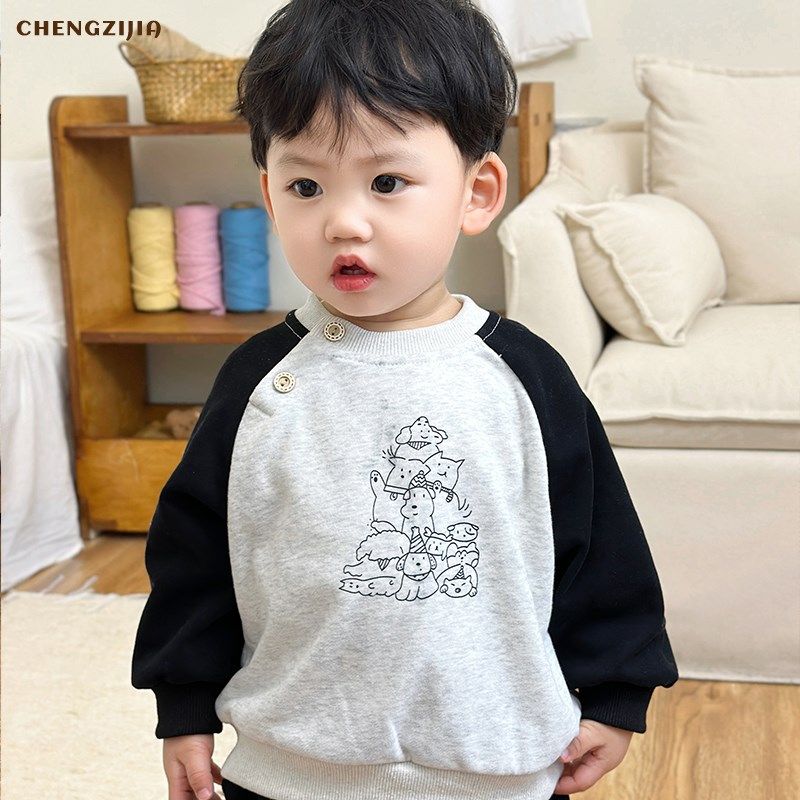 韩版男童春秋款印花运动套装女宝宝拼色插肩袖卫衣婴儿纯色休闲裤,淘宝优惠券,粉丝福利购,淘宝优惠卷