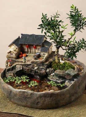 中式创意鱼缸流水摆件循环水客厅办公室装饰品R桌面微景观开业礼