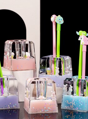 少女心方形卡通笔筒果冻色乳水油滴沙漏办公桌面笔插装饰礼品