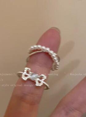 猫眼石蝴蝶结珍珠戒指女小众设计轻奢级感食指戒法式甜美指环女