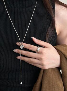 银色方糖抽拉项链女气质秋冬长款毛衣链配饰抽拉可调长款秋冬