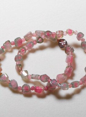 天然溏心冰透西瓜碧玺双色随形单圈手链串一物一图饰品礼物送女友