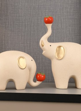 事柿如意大象摆件一家四口客厅玄关电视柜高档家居装饰新房子乔迁