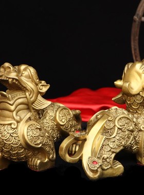 貔貅摆件一对黄铜金钱皮丘新店开业家居商铺桌面招财装饰纯铜貔貅