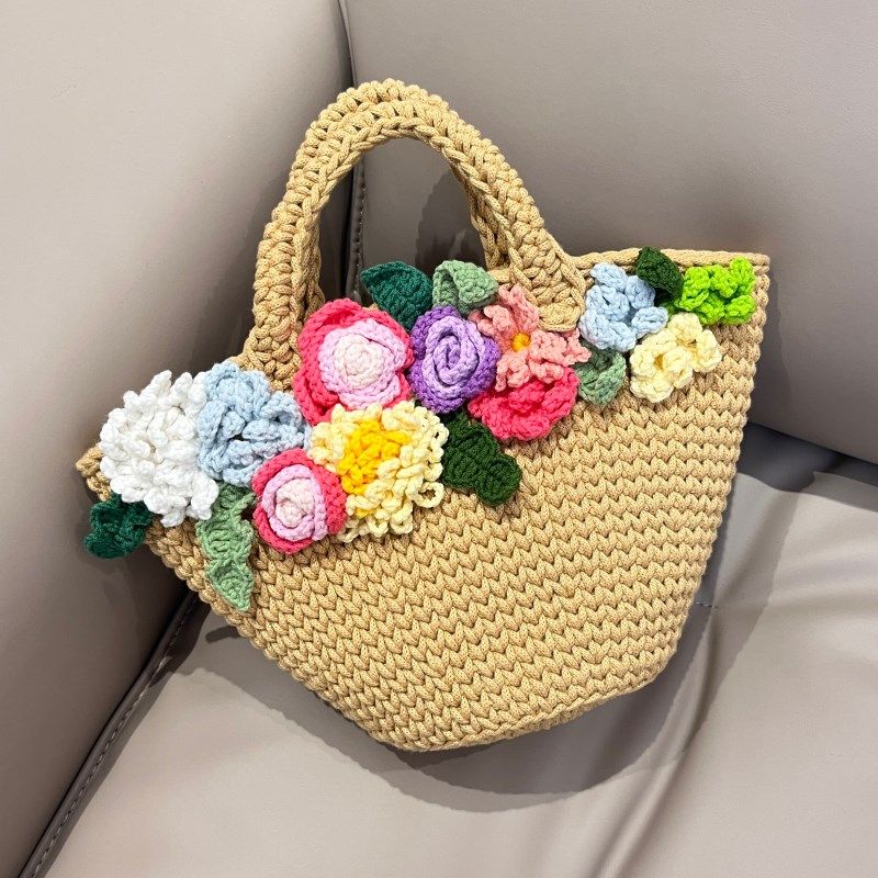 钩针春日花花e小清新草编包女夏百搭手提菜篮子海边度假沙滩水桶,淘宝优惠券,粉丝福利购,淘宝优惠卷