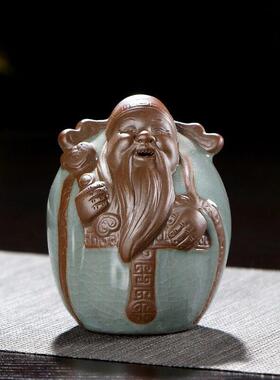 茶宠摆件精品哥窑福禄寿三星茶玩开片可养功夫茶具台茶道配件陶瓷