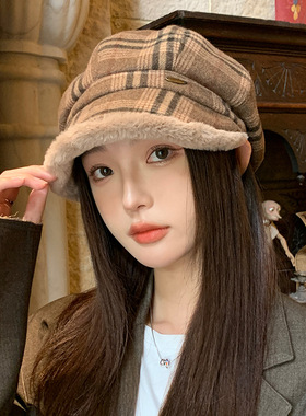 美拉德复古格子毛绒八角帽子女士秋冬季鸭舌帽加厚保暖百搭贝雷帽