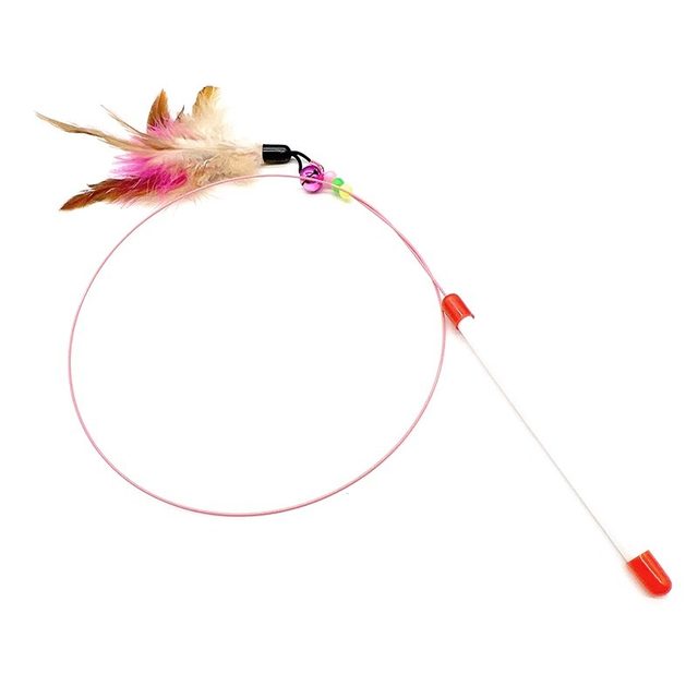 Extra long steel wire cat teasing wand with bells and feathers