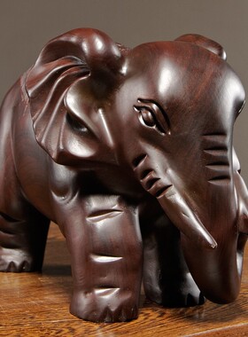 黑檀木雕大象摆件实木质雕刻一对红木象家M居玄关办公室装饰工艺