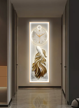 孔雀鱼玄关装饰画钟表挂钟客厅y走廊过道挂画锦鲤九鱼时钟发光灯