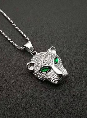 新款嘻哈镶绿钻眼睛豹子头吊坠项链情侣嘻哈钛钢项链男女轻奢饰品