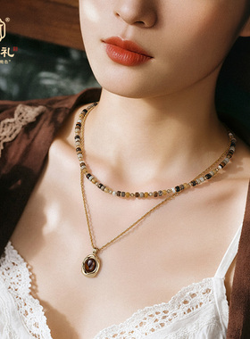 宫中礼虎眼石项链女双层叠戴新中式锁骨链小众设计感高级感毛衣链