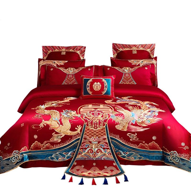 120支全棉婚庆四件套大红色y长绒棉龙凤刺绣结婚喜被床上用品4,淘宝优惠券,粉丝福利购,淘宝优惠卷