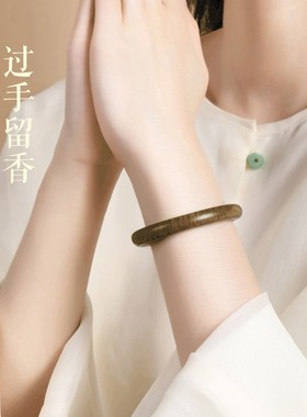 普陀山天然绿檀木手镯素圈新中式小众三八节妇女礼物送妈妈饰品