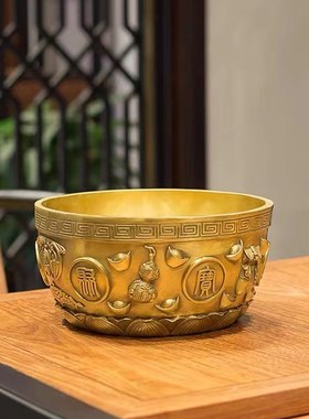 黄铜聚宝盆摆件招财聚财米缸铜制工艺F品结婚家用客厅装饰凤水摆
