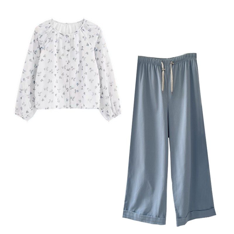 孕妇甜美风套装春季小清新碎花长袖衬衫韩系宽松阔腿休闲卷边长裤,淘宝优惠券,粉丝福利购,淘宝优惠卷