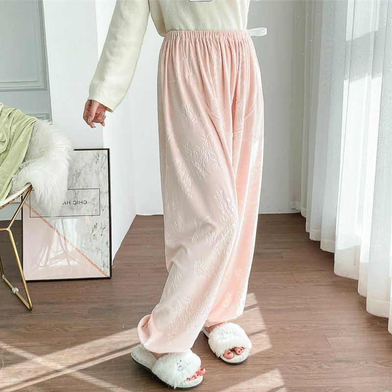 提花海岛绒高腰托腹睡裤女冬季加厚大码胖MM宽松孕妇保暖家居长裤,淘宝优惠券,粉丝福利购,淘宝优惠卷