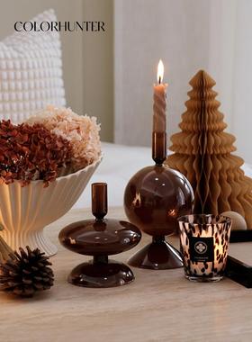 COLORHUNTER 中古深棕玻璃烛台玄关餐边柜摆件高级感复古家居装饰