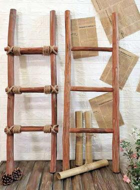创意仿古麻绳实木梯子装饰品摆件民宿梯形书架置物衣帽架摄影道具