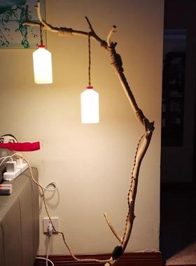 原木原色古典风干树枝落地灯造型摆件创意衣帽架鸟站树架回归自然
