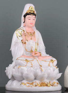 观音佛像家用供奉汉白玉观世音菩萨佛像白色观音娑婆三圣神像摆件