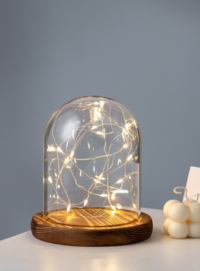 促销DIY永生花玻璃罩创意摆件居家装饰透明防尘 火树银花底座带灯