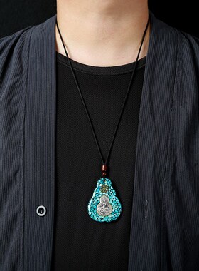 乌兰花绿松石本命佛吊坠纯银男士复古生肖守护神项链女高档礼物