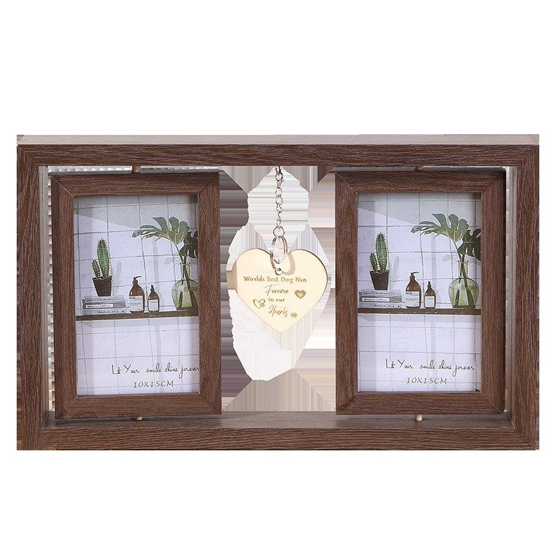 棕色双面可旋转相框摆台带爱心木片6寸两联创意宠物纪念木制相架,淘宝优惠券,粉丝福利购,淘宝优惠卷