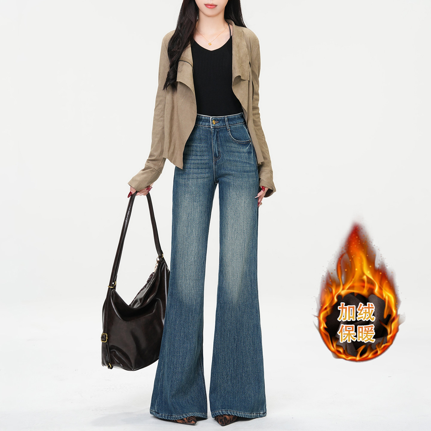 若纤 Pretty Silhouette寒江映月加绒保暖微喇牛仔裤女高腰喇叭裤