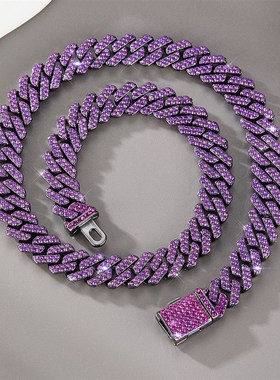 勾签rapperhippo欧美性古巴链紫色项链夸张满钻嘻哈手链说唱炫酷