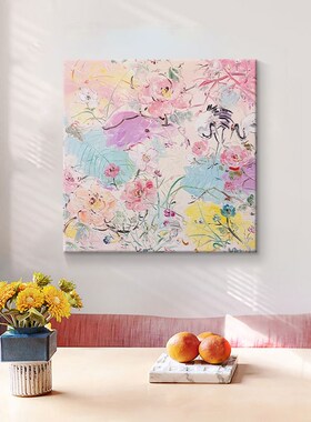 小众艺术粉色手绘油画多巴胺抽象仙鹤花卉装饰画客厅玄关肌理挂画