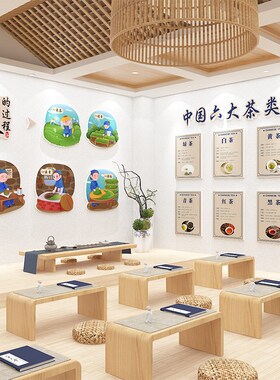 幼儿园茶艺区文化主题环创制茶过程走廊背景墙面装饰布置材料成品