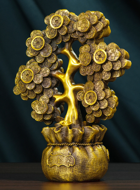 黄铜发财树摆件金钱树黄金福袋聚宝盆办公室玄关铜制工艺开业礼品
