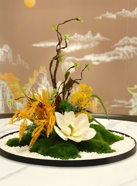 新中式酒店大圆餐桌中间摆花高端餐厅电动转盘摆件装饰品景观造景