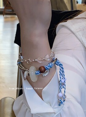 罗马假日小众设计清冷夏日编织手链天然石白水晶爱心叠戴手串