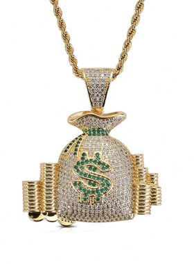 欧美嘻哈项链美元$符号钱袋吊坠微镶锆石嘻哈潮人项链饰品跨境
