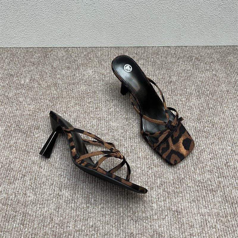 2025夏季新款k法式绝美拖鞋女外穿方头小猫细跟豹纹一字带高跟凉,淘宝优惠券,粉丝福利购,淘宝优惠卷