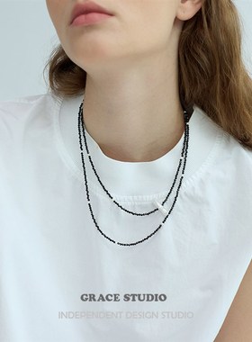 G/S周末美学 小众高级感极简黑晶石珍珠串珠长项链叠戴休闲毛衣链